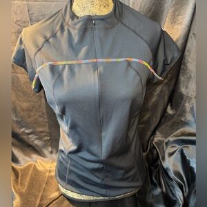 Lululemon RARE Cycling Jersey- Size 10, black/rainbow stitching Short sleeve